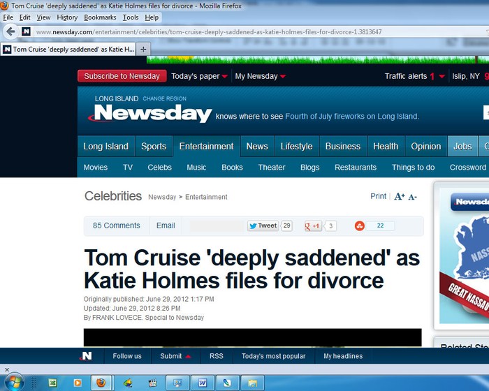 Trang Newsday cũng đưa tin Tom Cruise đau khổ sau khi Katie Holmes nộp đơn li hôn